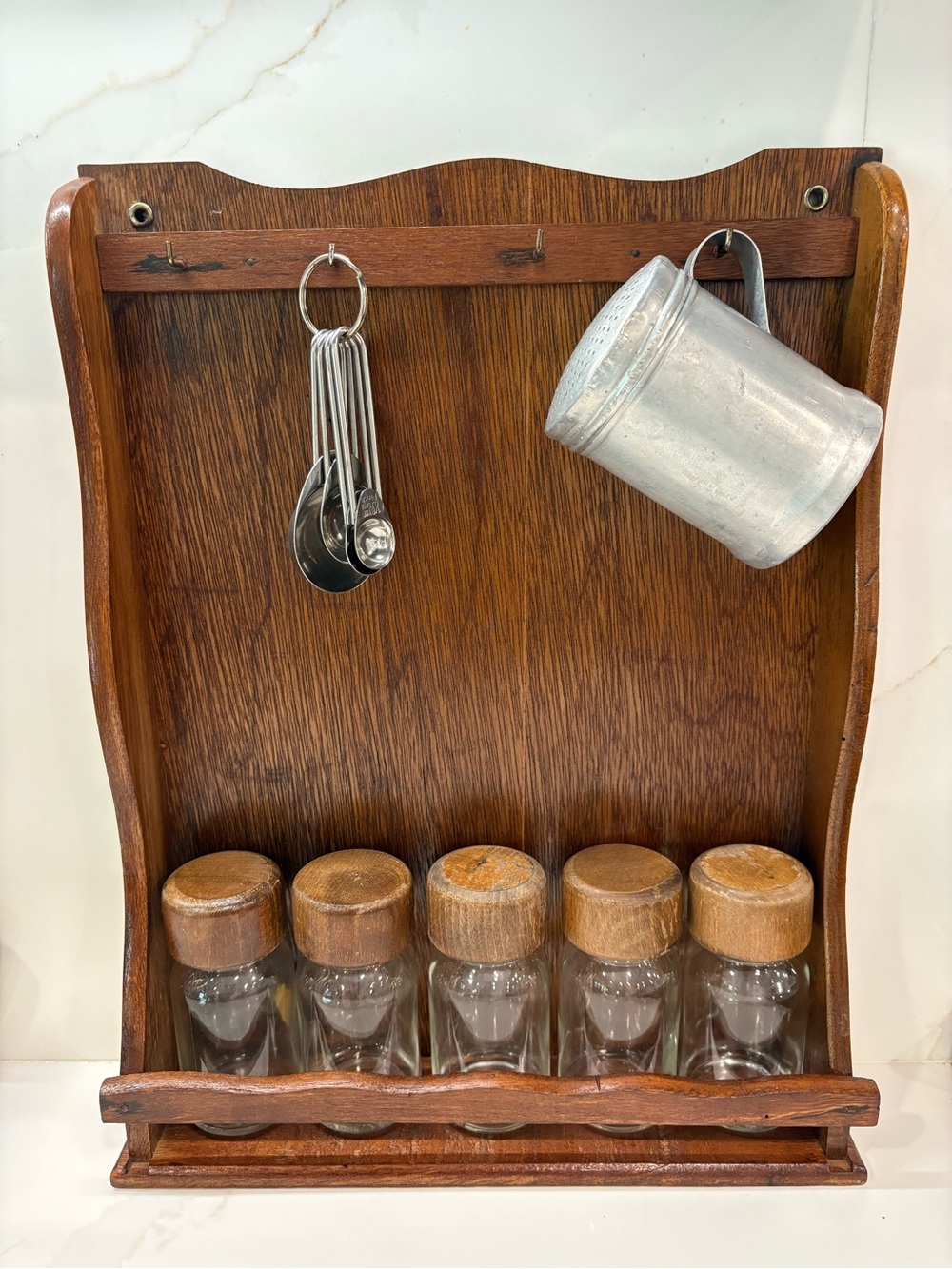Wooden Wall Spice Rack with Glass Jars and Wooden Lids - Brown
